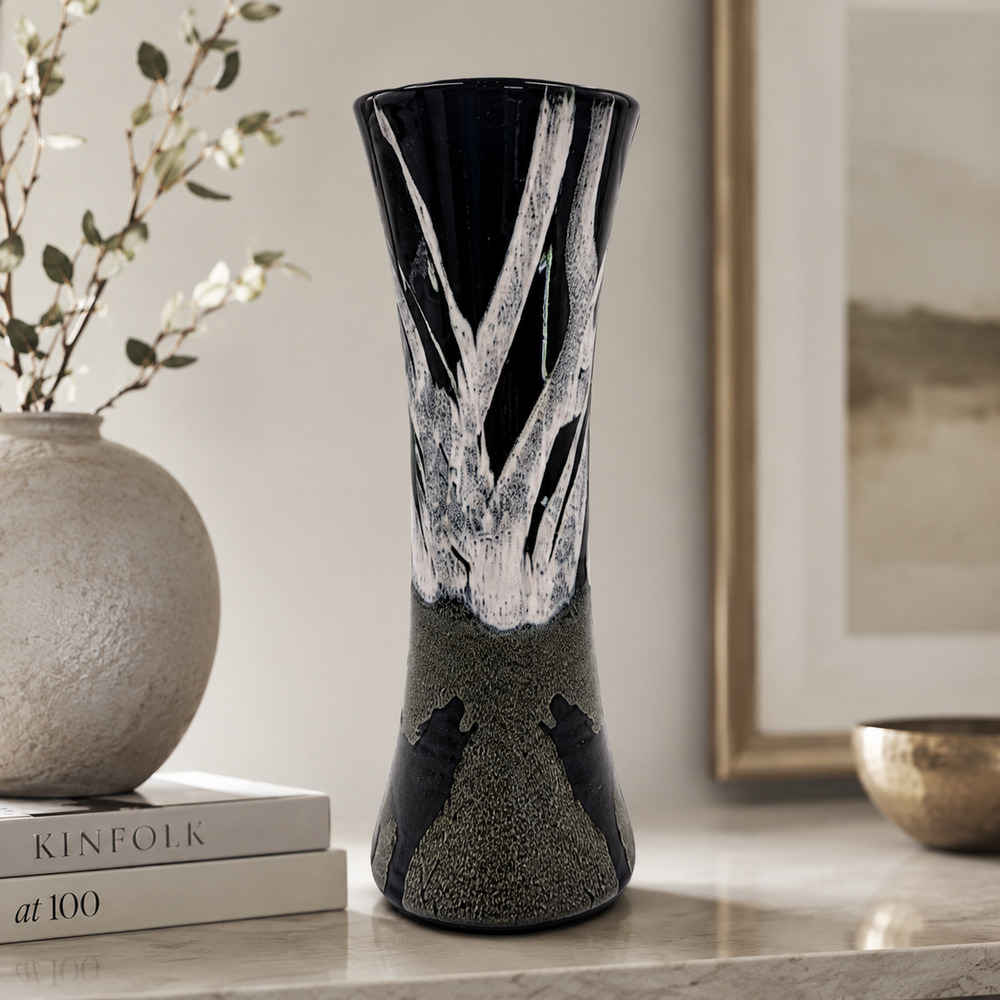 Signed Art Pottery Vase Wolf Silhouette 11" Black Gray Southwestern Lodge Decor